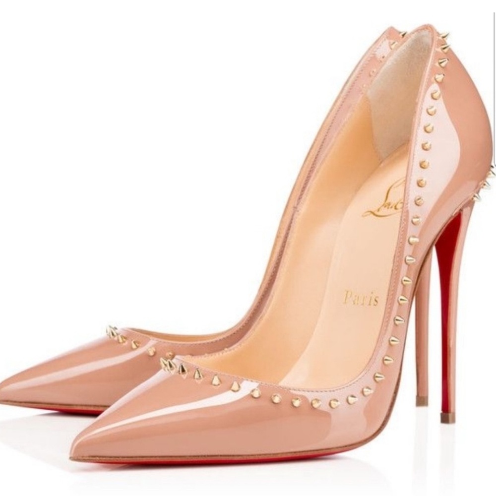 EUC Christian Louboutin Blush Patent Leather Heels with Gold Studded Spikes